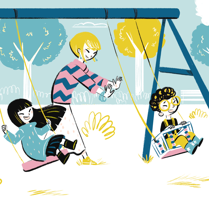Illustration de Caroline ATTIA, enfants faisant de la balançoire